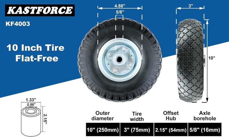 KASTFORCE KF4003 Twin Pack 10-Inch Solid Rubber Tire Wheels Replacement 3.00-4 Tires Wheels Flat Free with 5/8" Bearings 2.15" Offset Hub Perfect for Hand Truck Wheelbarrow Garden Cart Non-Flat - Image 4